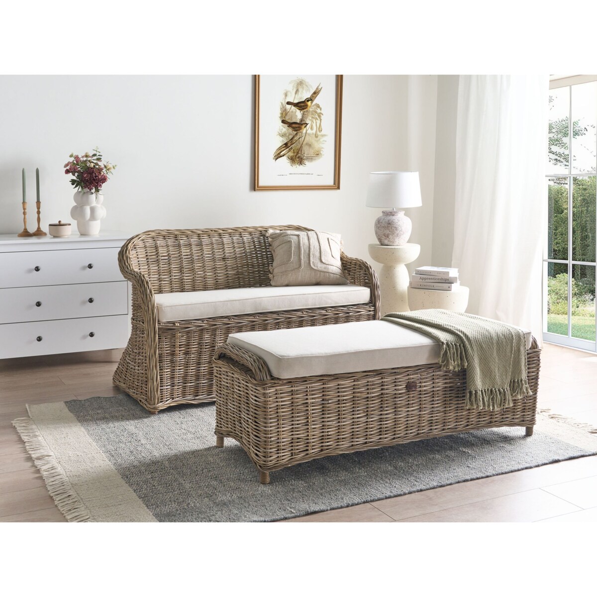 Ławka ogrodowa z poduchą SUSUA 141 cm z otomaną Rattan Naturalny