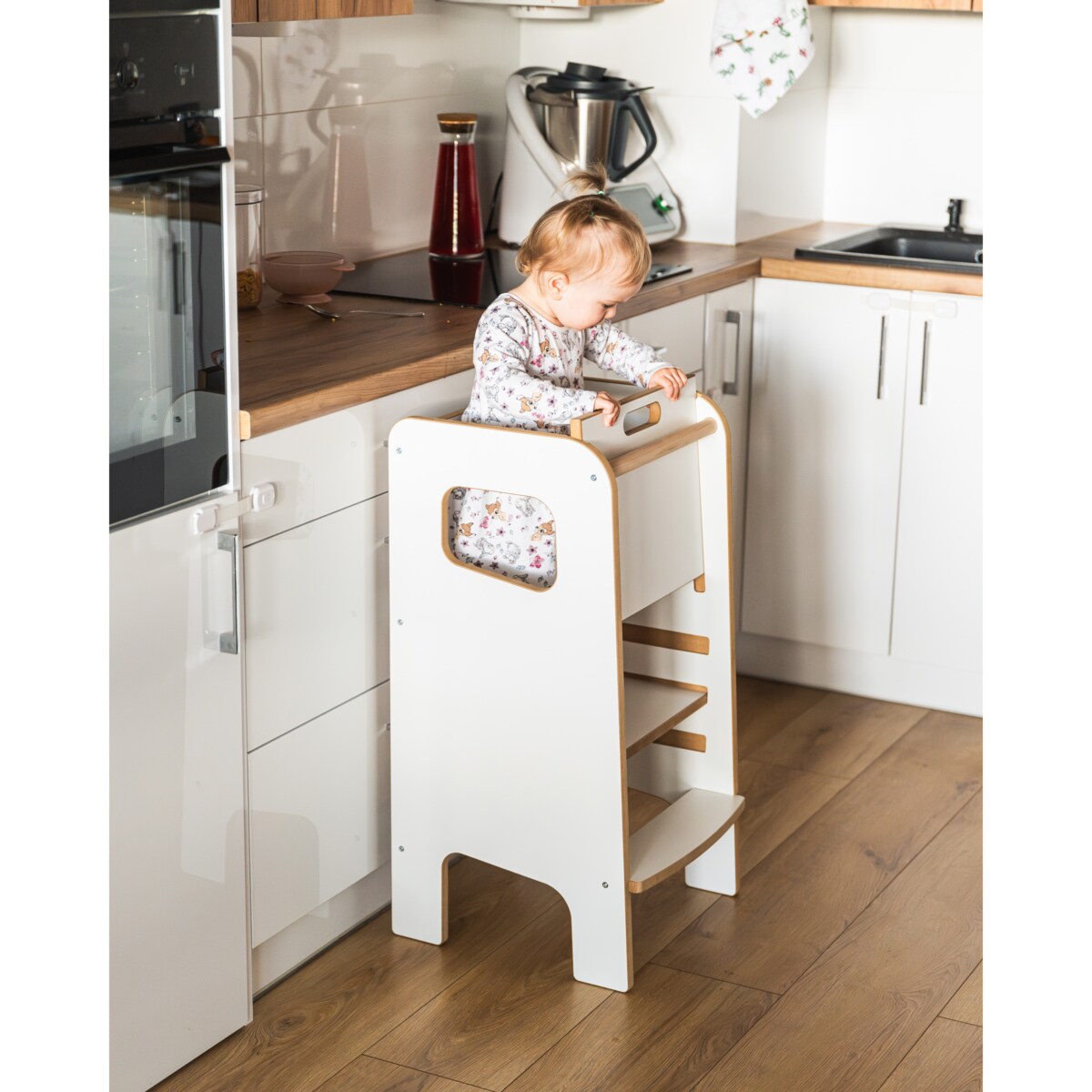 KITCHEN HELPER Super Safe Stabilny Montessori Pomocnik Kuchenny Dla Dzieci Zabudowany Biały Obubu