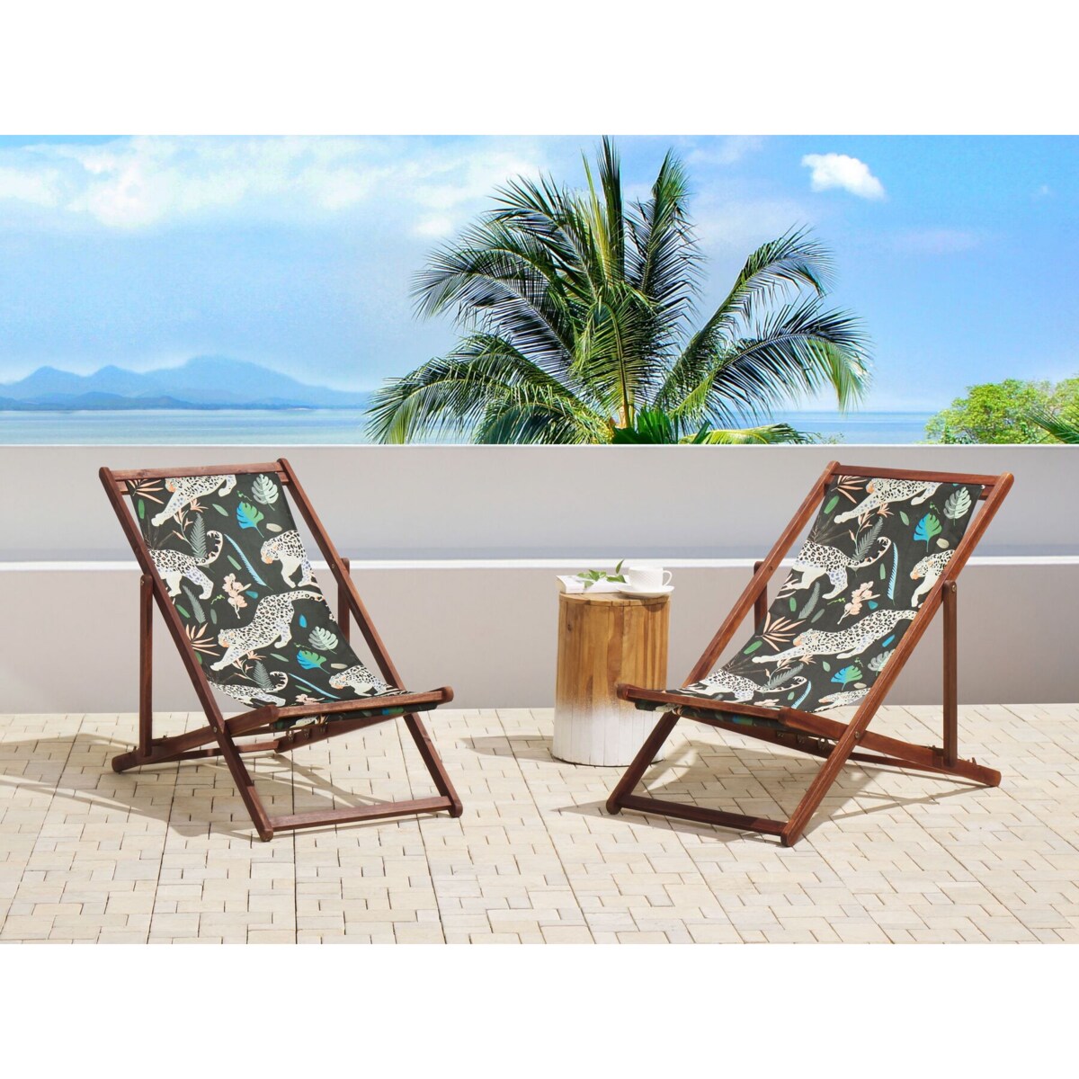 Zestaw 2 leżaków ogrodowych ciemne drewno akacjowe wzór w zwierzęta ANZIO