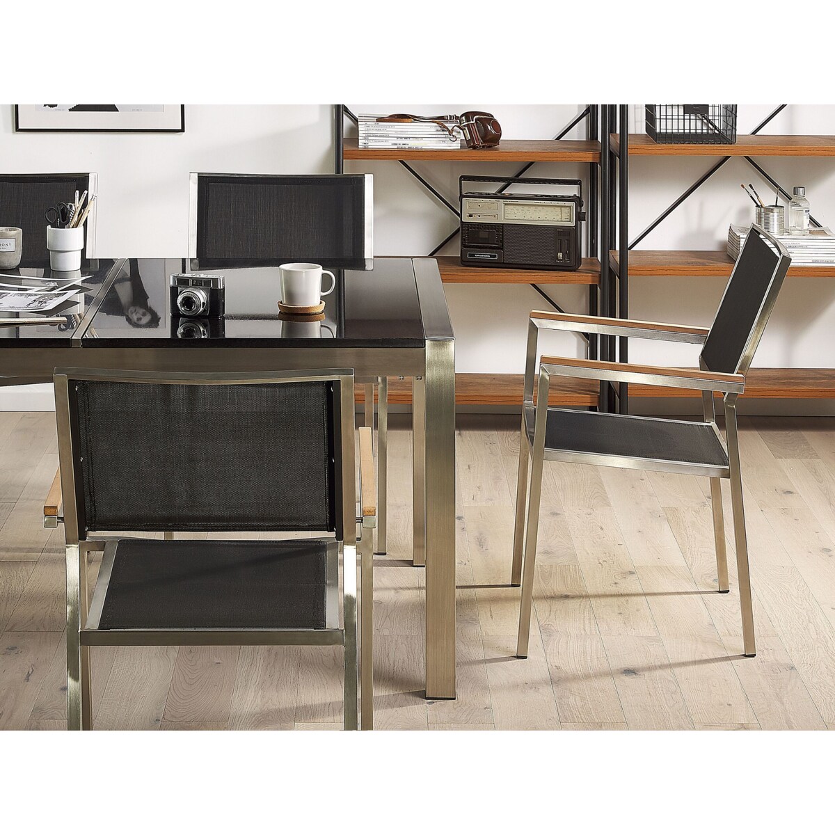 Zestaw ogrodowy stół granit palony dzielony blat czarny i 6 krzeseł czarnych GROSSETO