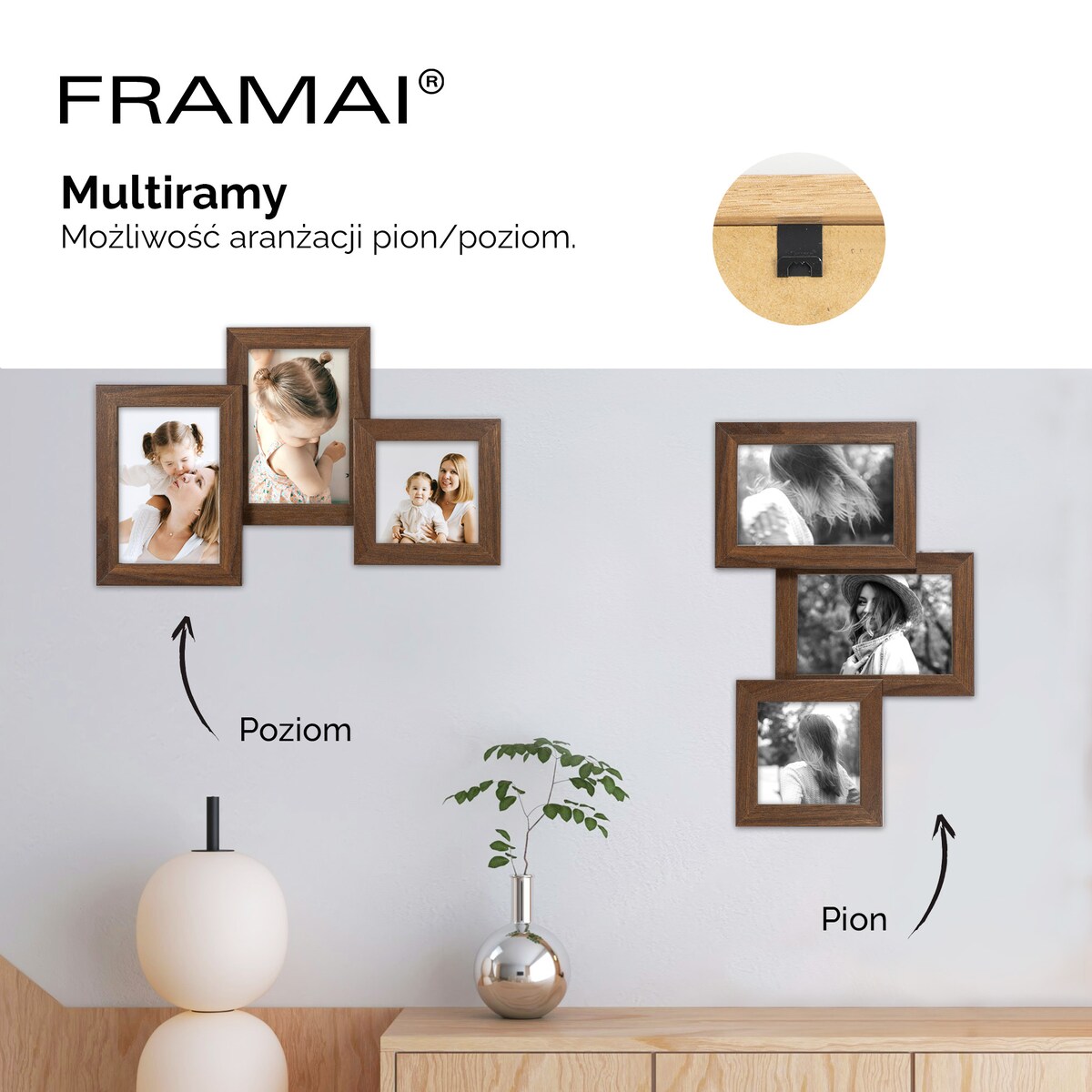 Multirama ramka na zdjęcia. Brązowa multirama na trzy zdjęcia 10x15 cm 10x10 cm Ramka na zdjęcia 3 w 1 MULTI HEN 4 FRAMAI