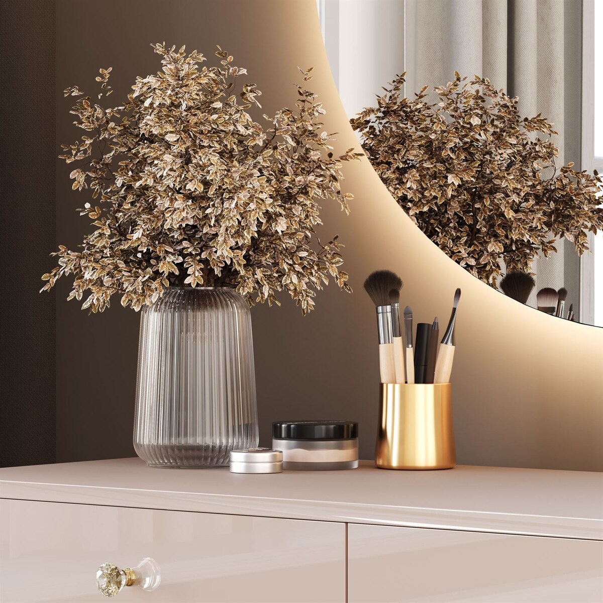 Toaletka BLANCO GLAMOUR KASZMIR na złotym chromowanym stelażu z lustrem LED, uchwyt biały kryształ