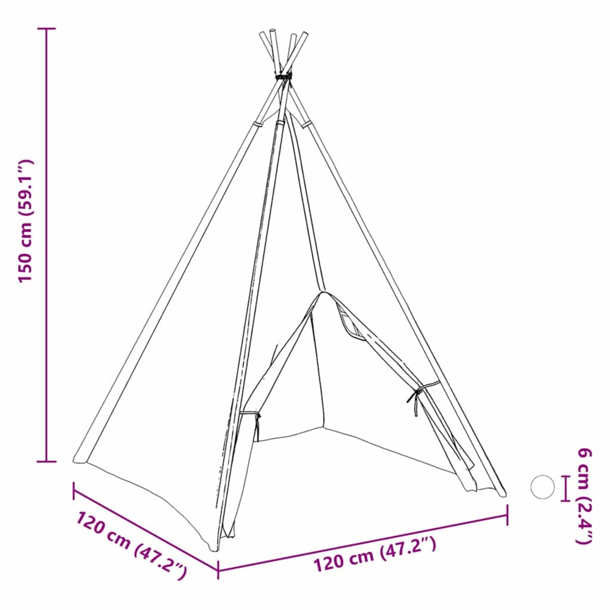 vidaXL Namiot Teepee Biały 120 x 120 x 150 cm Tkanina i Plastik