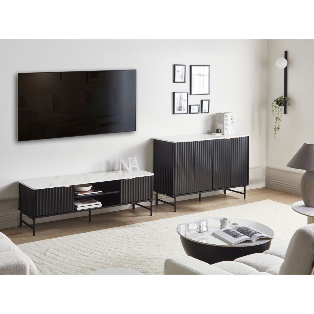 Komoda czterodrzwiowa GLASTONBURY 80 cm Efekt marmuru Biały marmur