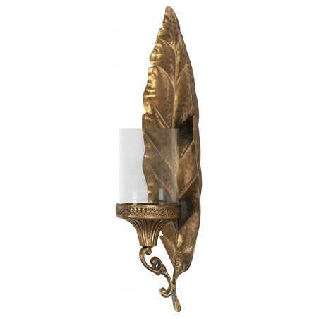 ŚWIECZNIK LAMPION WISZĄCY NA ŚCIANĘ DO SALONU LIŚĆ ZŁOTY szklany klosz 49cm