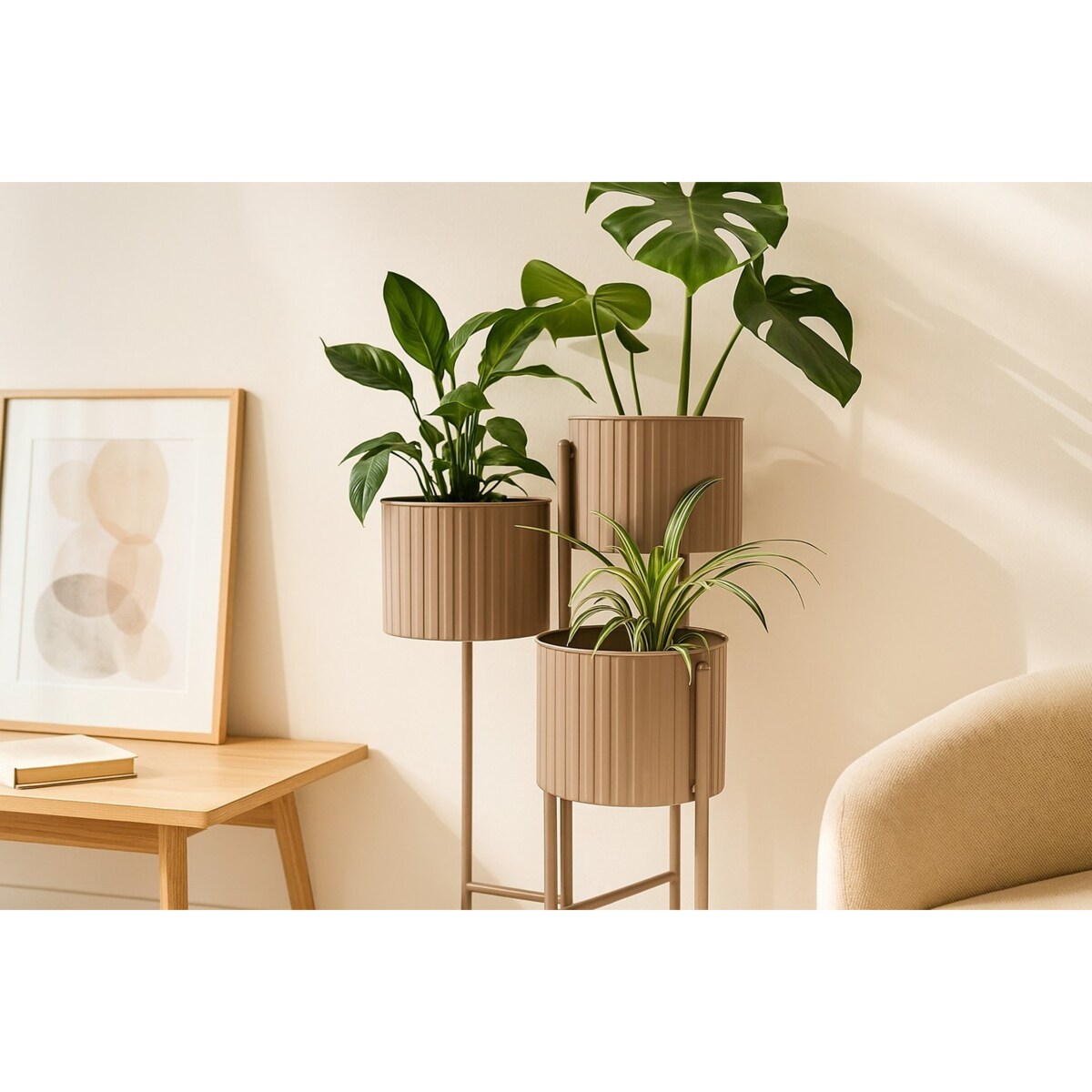 Kwietnik metalowy loftowy z 3 osłonkami 68x29x39 cm NARDO taupe