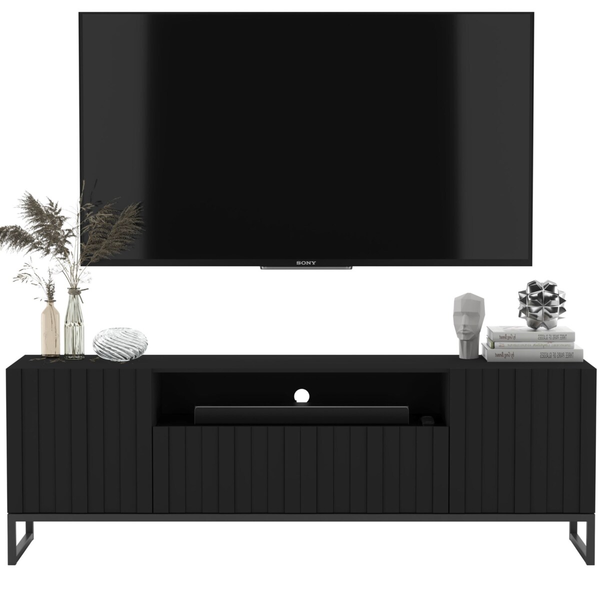 Nowoczesna Komoda RTV Szafka RTV Czarny Mat Glamour Ryflowane fronty Loft Rama 150 cm