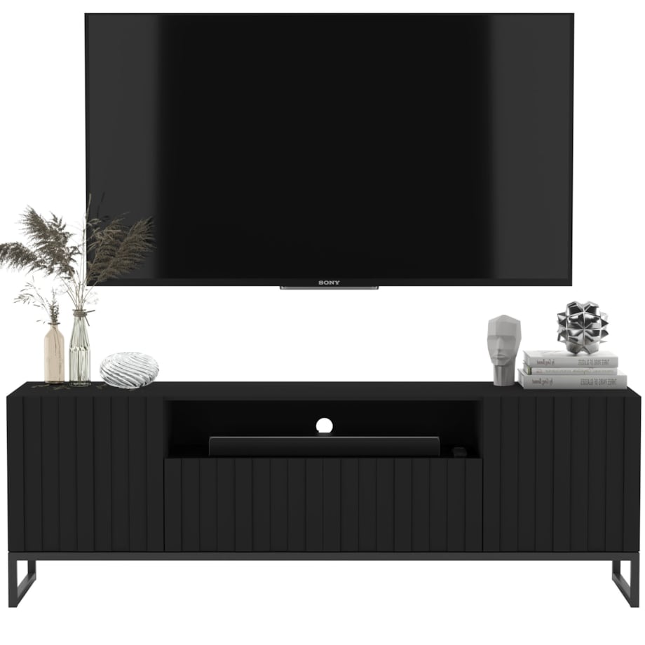 Nowoczesna Komoda RTV Szafka RTV Czarny Mat Glamour Ryflowane fronty Loft Rama 150 cm