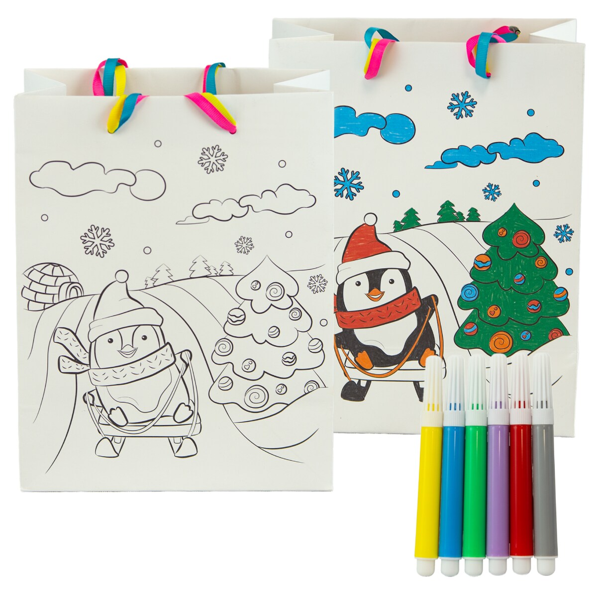 Torebka Prezentowa Na Prezent Do Kolorowania Dla Dzieci 23X18X10 Cm Pingwin Na Sankach