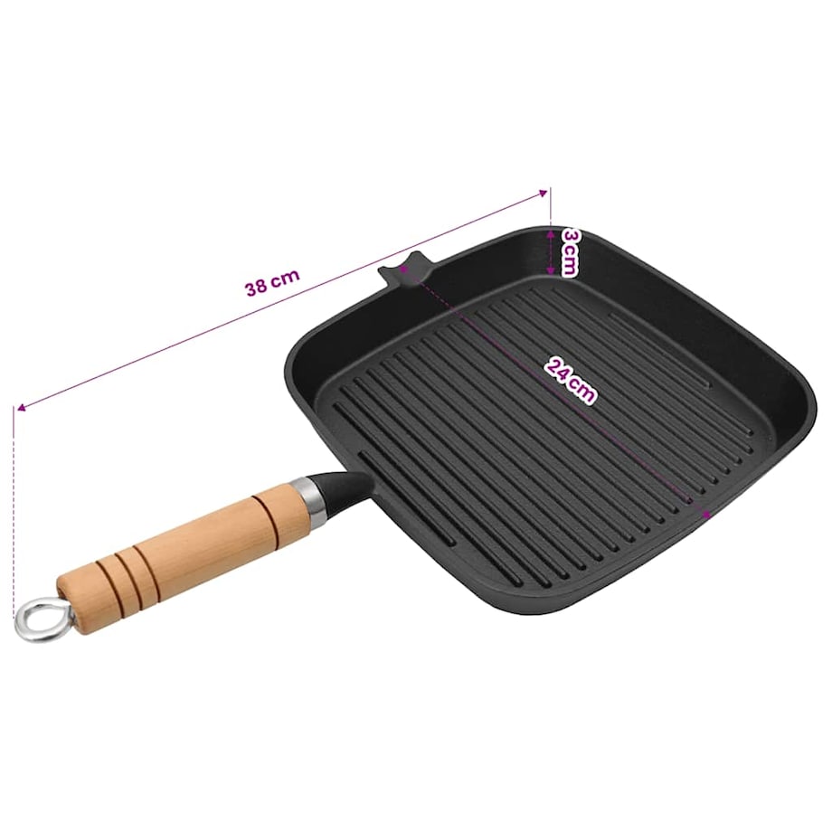 vidaXL Patelnia grillowa, żeliwna, z drewnianą rączką, 20 x 20 cm