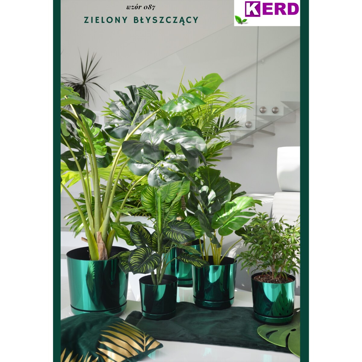 21 cm wzór ZIELONY BŁYSZCZĄCY Doniczka z podstawką nowoczesna glamour wysoki połysk metaliczny idealna do monstera orchidea