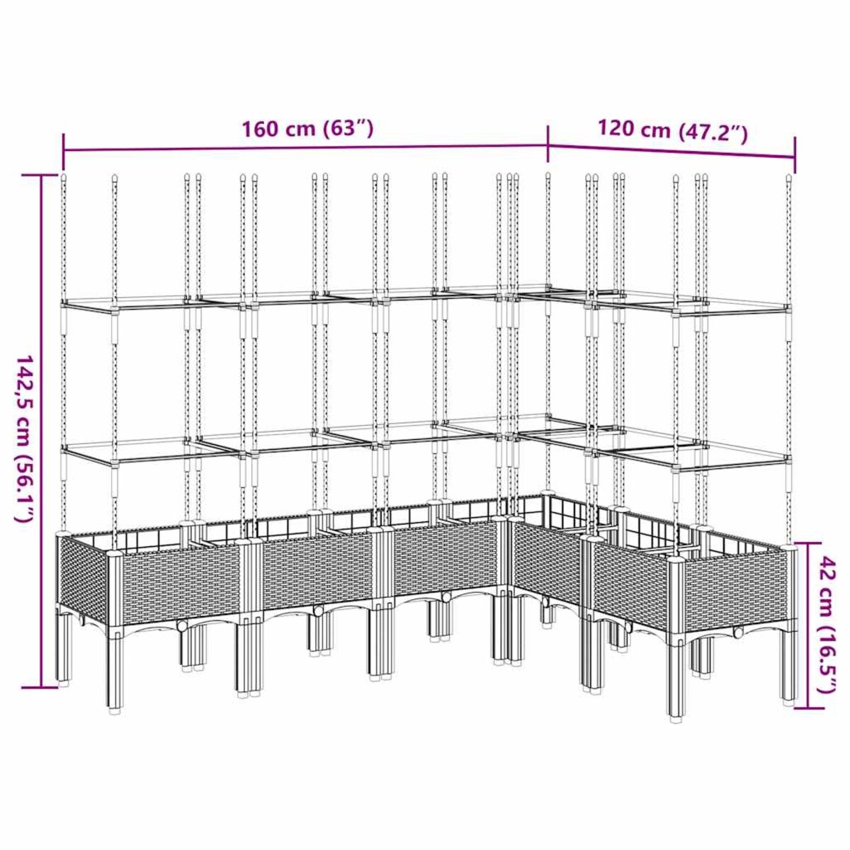 vidaXL Donica ogrodowa z kratką, brązowa, 160x120x142,5 cm, PP