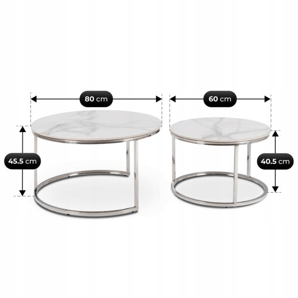 Stolik Kawowy Okrągły Zestaw 2w1 Ława Glamour Marmur Biały AMARA MAX