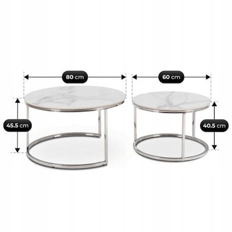 Stolik Kawowy Okrągły Zestaw 2w1 Ława Glamour Marmur Biały AMARA MAX