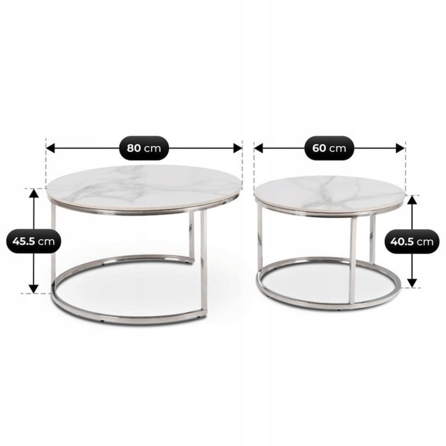 Stolik Kawowy Okrągły Zestaw 2w1 Ława Glamour Marmur Biały AMARA MAX