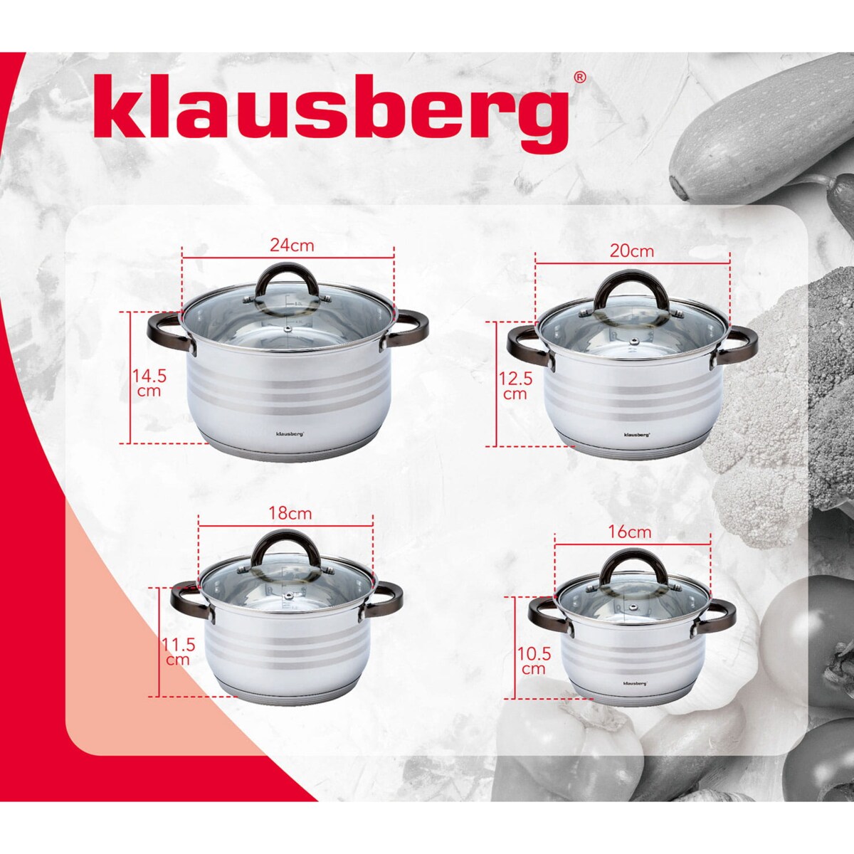 Zestaw garnków stalowych 8 ele. 2.1/2.9/3.9/6.6L KLAUSBERG