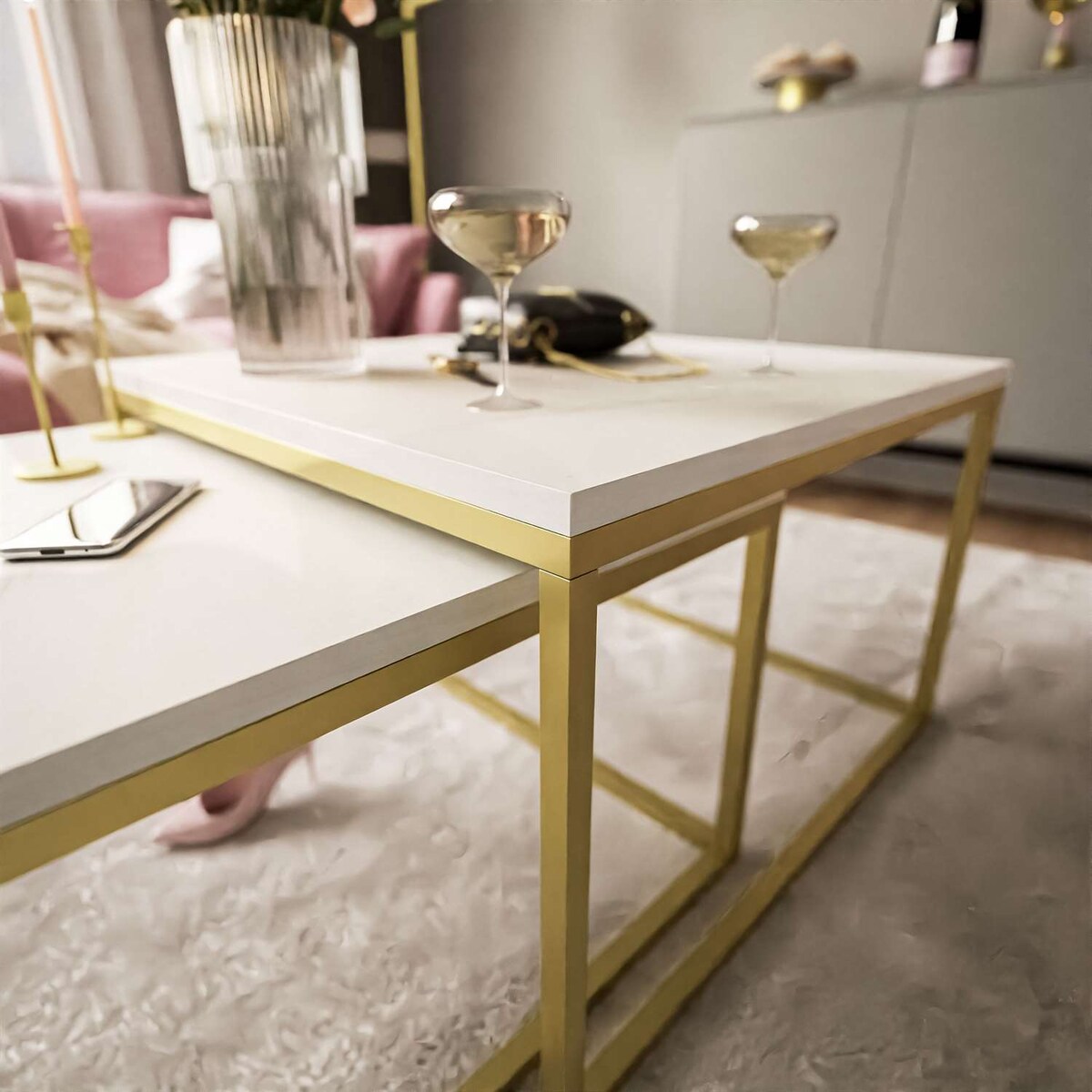 Stolik kawowy ława YOSHI 2w1 złoty mat marmur levanto