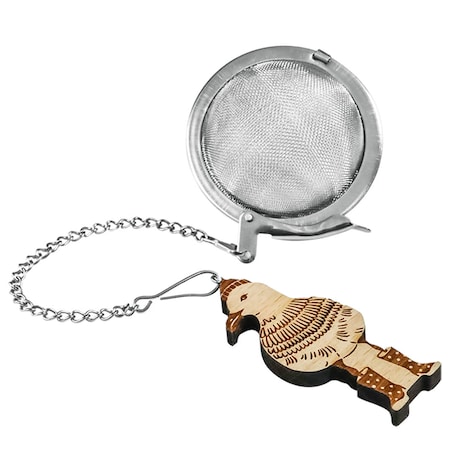Metalowy zaparzacz ze stali nierdzewnej do herbaty z drewnianą „zawieszką mewą” na łańcuszku, idealny gadżet do parzenia herbaty lub jako upominek np. dla miłośników zwierząt
