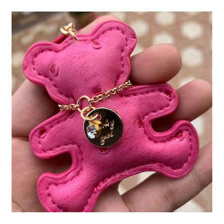 Brelok do kluczy skórzany MIŚ fuksja, frędzle BRL357