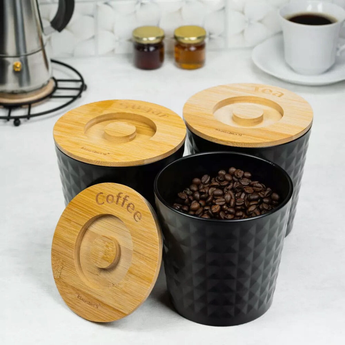 Zestaw 3 pojemników kawa herbata cuZestaw 3 pojemników kawa herbata cukier czarny KLAUSBERGkier KLAUSBERG KB-7486