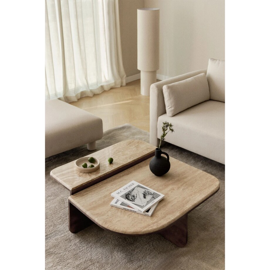 Stolik kawowy 90x90 cm z naturalnego trawertynu i drewna mango Clotsh