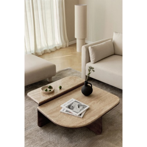 Stolik kawowy 90x90 cm z naturalnego trawertynu i drewna mango Clotsh