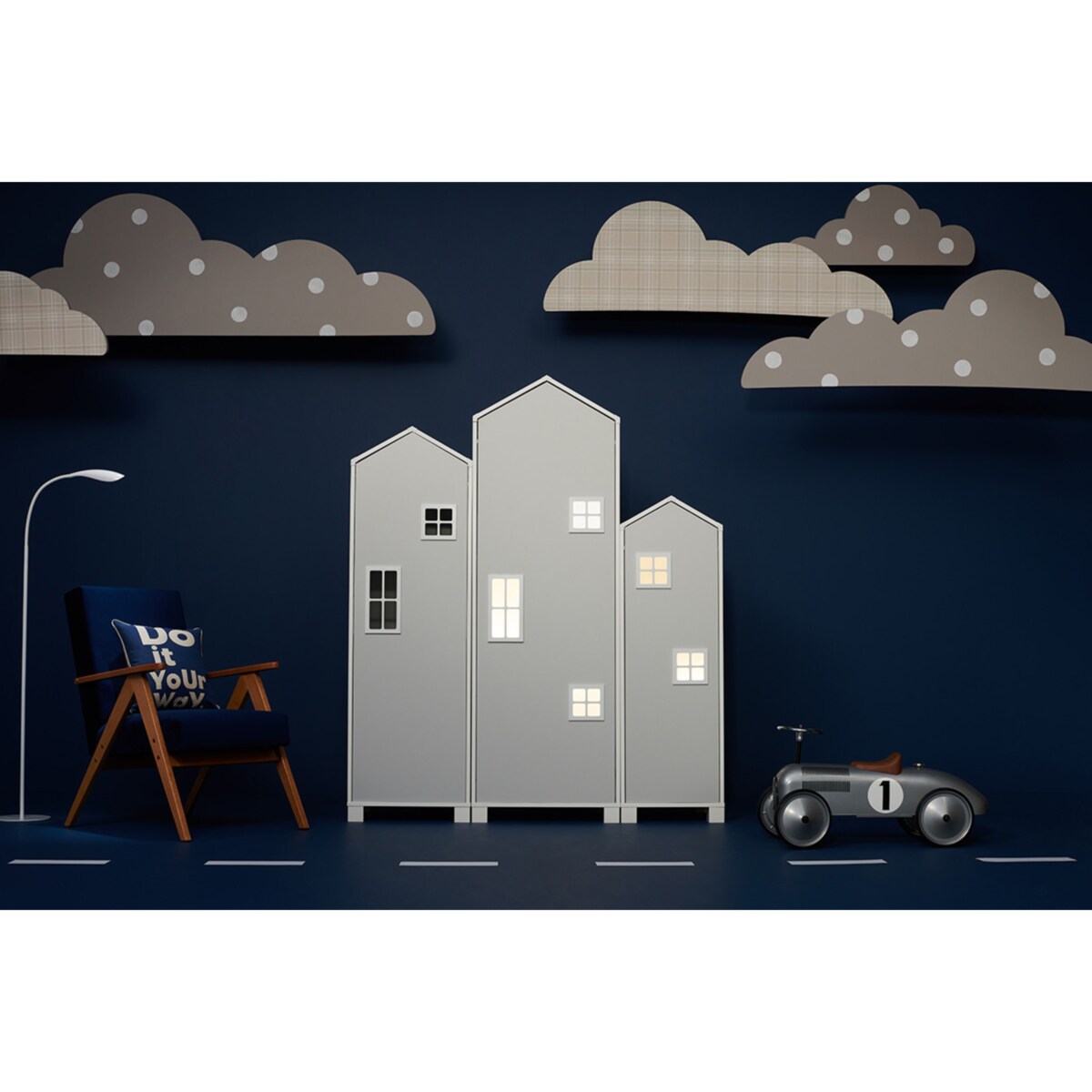 KONSIMO MIRUM Szara szafa z półkami w kształcie domku dla dziecka