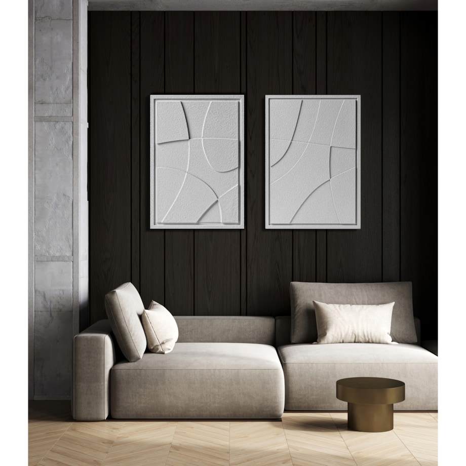 Zestaw 2 Obrazy 3D 50x70cm Abstract – Dekoracje ścienne z Tynku Naturalnego, Milky Grey, Minimalistyczne Reliefy