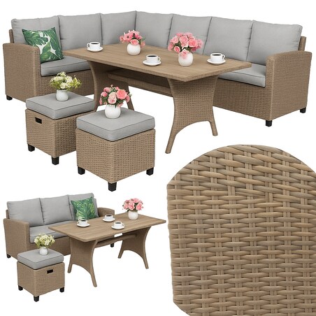 Zestaw Ogrodowy Wypoczynkowy Narożnik Stół Pufy Meble Ogrodowe Technorattan Venezia