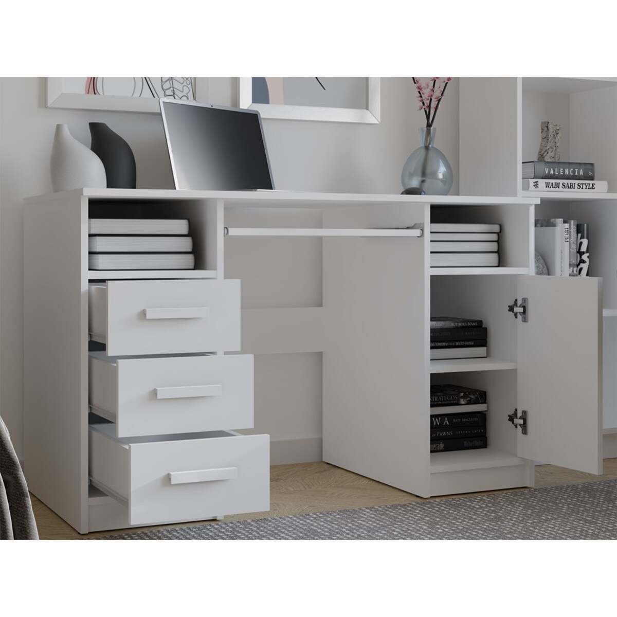 BIURKO DELTA BIAŁE 120 Cm 3 Szuflady Szafka Półki Do Biura Pokoju Na Laptop