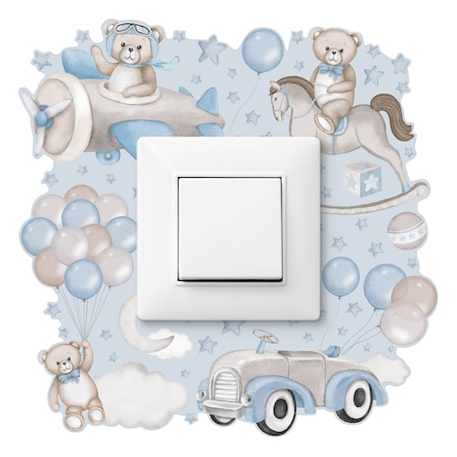 Naklejka Pod Kontakt Dla Dzieci Misie Samochody Balony Gwiazdy Styl Retro 20x20cm