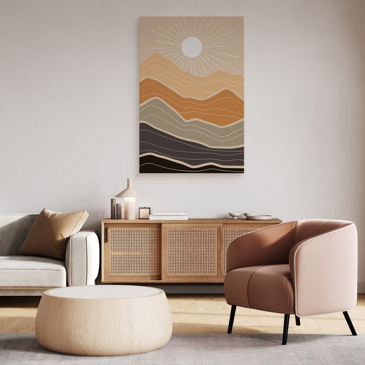 OBRAZ DO SYPIALNI GÓRY PEJZAŻ SŁOŃCE NATURA STYL BOHO ABSTRAKCJA 80x120cm