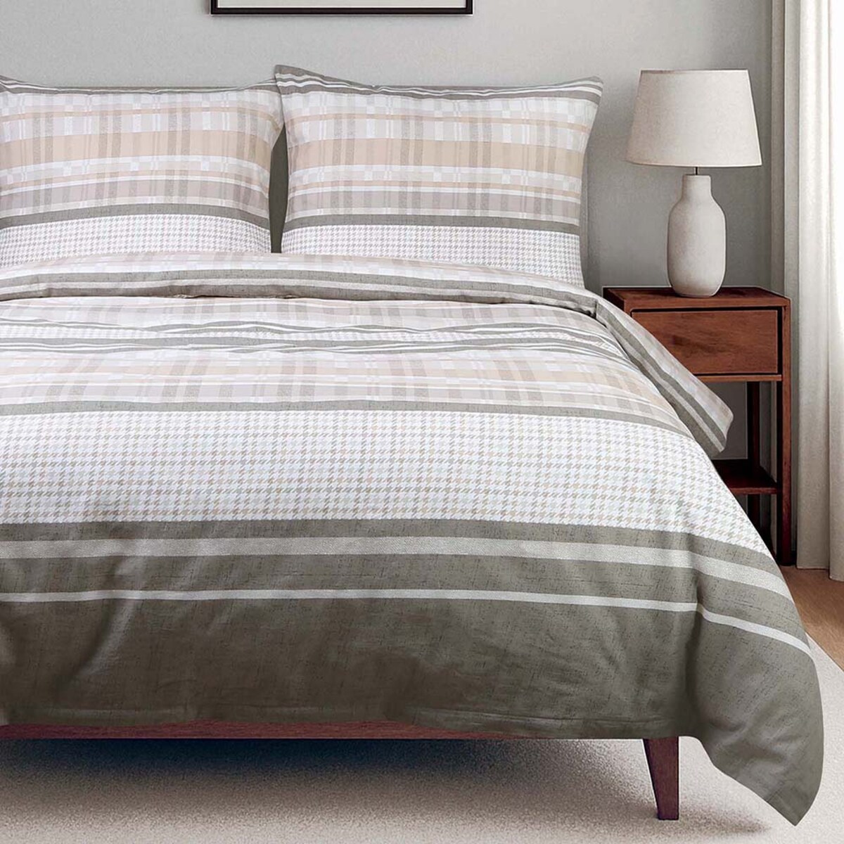 Pościel bawełniana 180x200 Linea w beżowe pasy i kratkę, Cottonlove