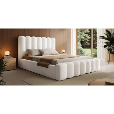 Łóżko ze stelażem i pojemnikiem białe bouclé Santos