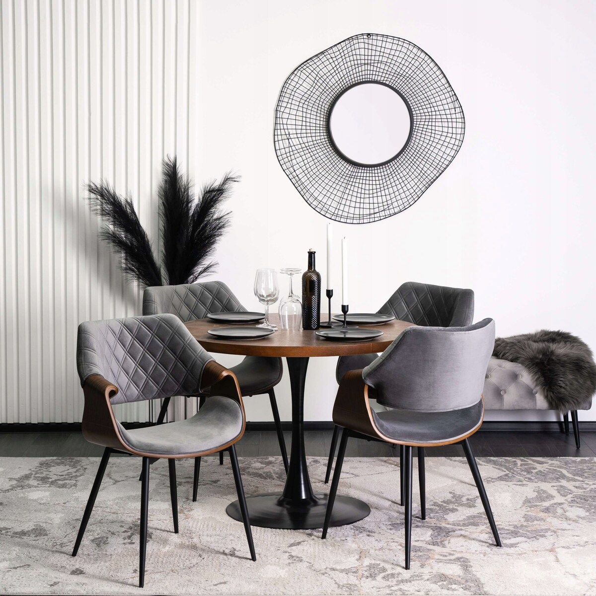 Krzesło Tapicerowane Welurowe Loft DAKOTA Drewno Gięte Szare Do Salonu