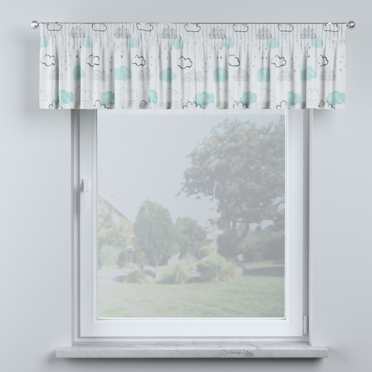 Lambrekin na taśmie marszczącej 390x40 ecru-niebieski