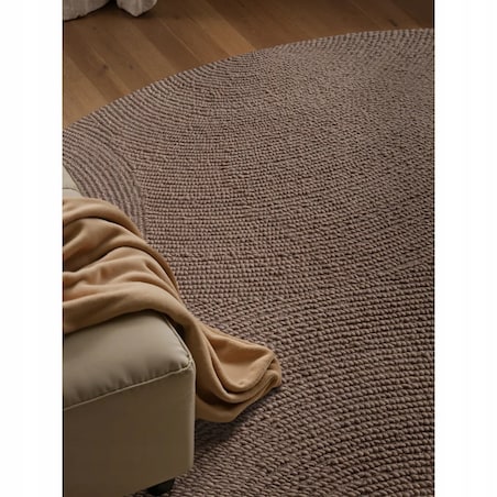 Dywan okrągły wełniany do salonu 200cm, brązowy wzór w półkola, efekt 3d