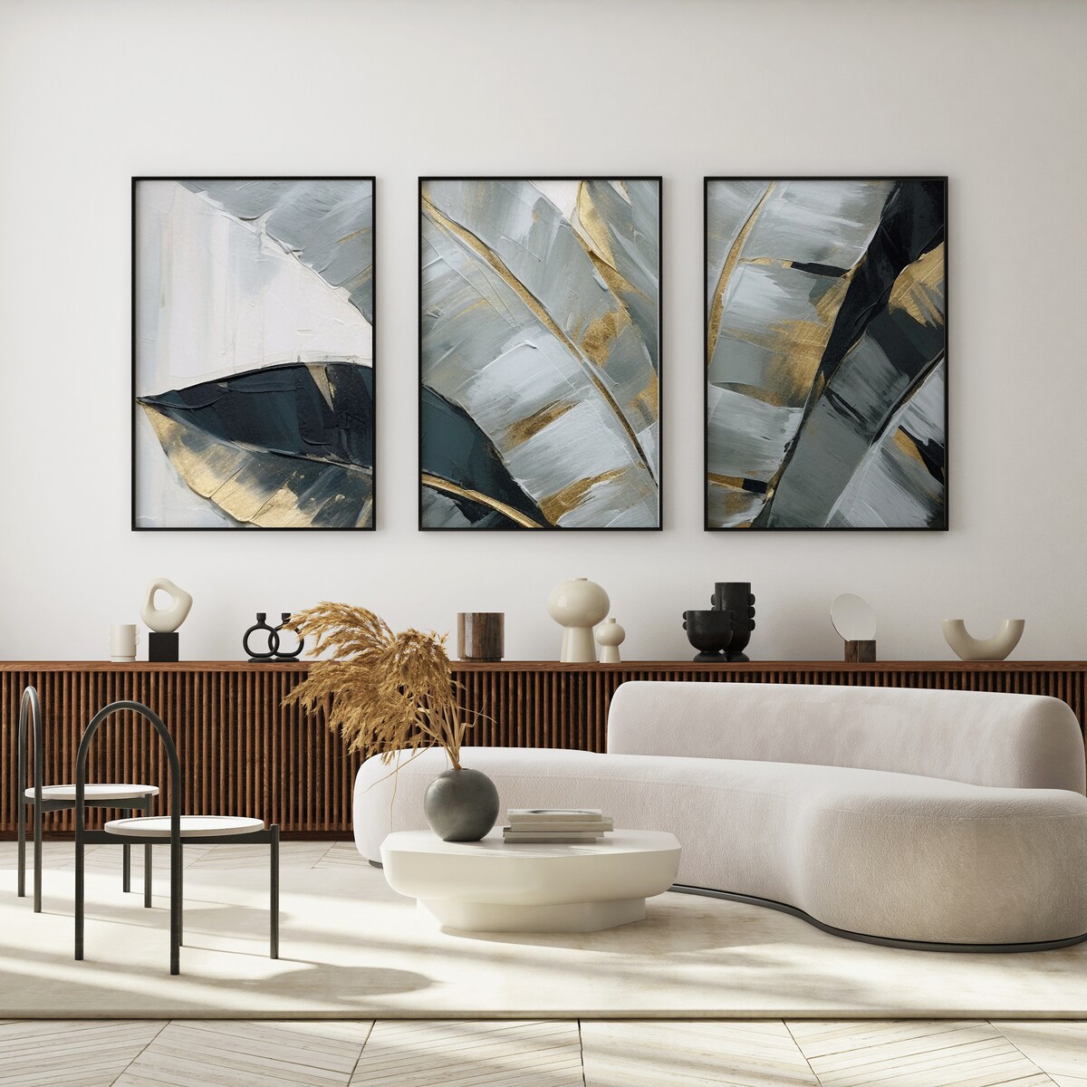 ZESTAW 3X PLAKAT W RAMIE DO SALONU MALOWANE LIŚCIE TROPIKALNE NATURA 60x80cm