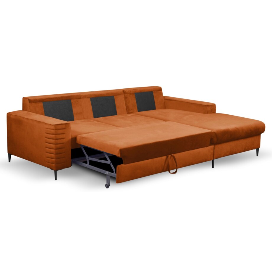 Narożnik rozkładany z zagłówkiem i pojemnikiem OLI, prawostronny, rdzawy