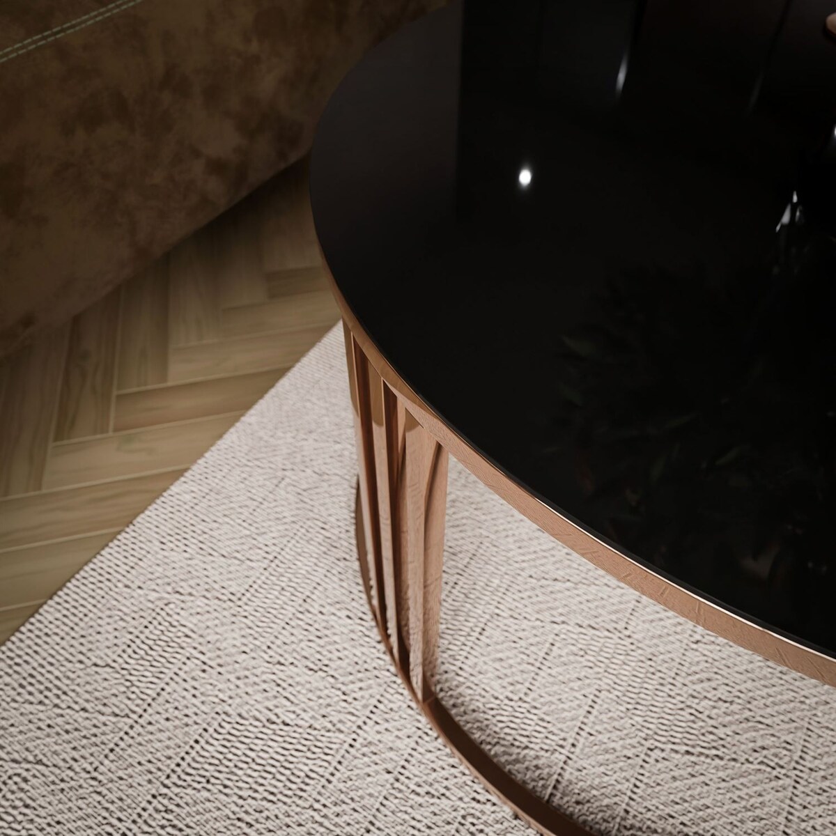 Okrągły stolik kawowy LORI GLASS z miedzianym stelażem, czarne szkło