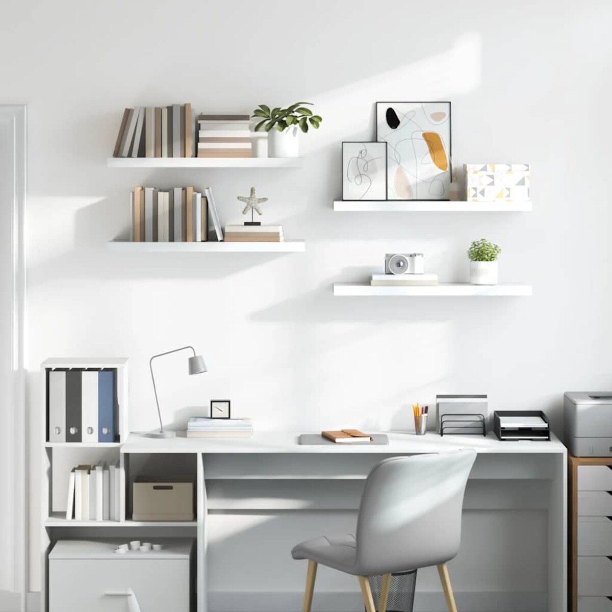 vidaXL Półki ścienne, 4 szt, wysoki połysk, białe, 80x23,5x3,8 cm, MDF