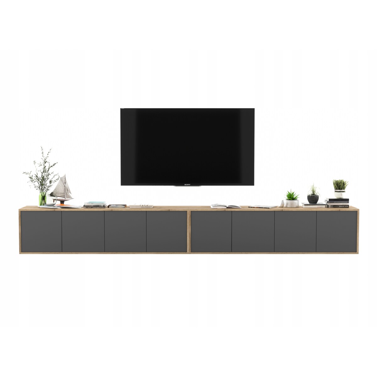 Wisząca Szafka RTV Loft Komoda RTV Dąb Wotan Grafit MAT 300 cm