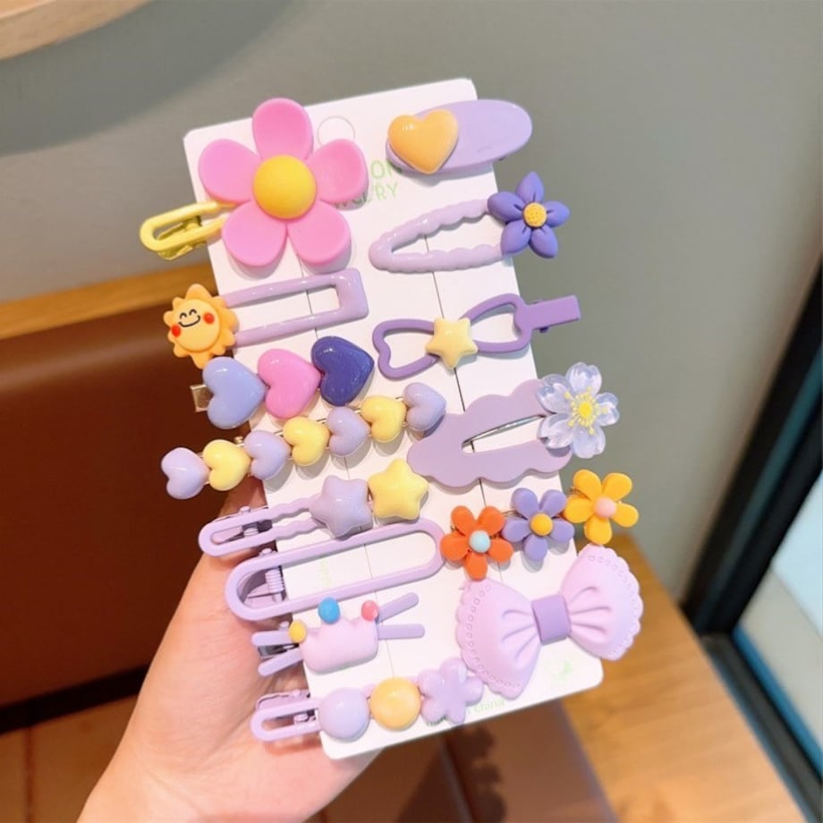 Zestaw pakiet 14w1 spinek wsuwek do włosów, kwiatki, kokardka fiolet SP412