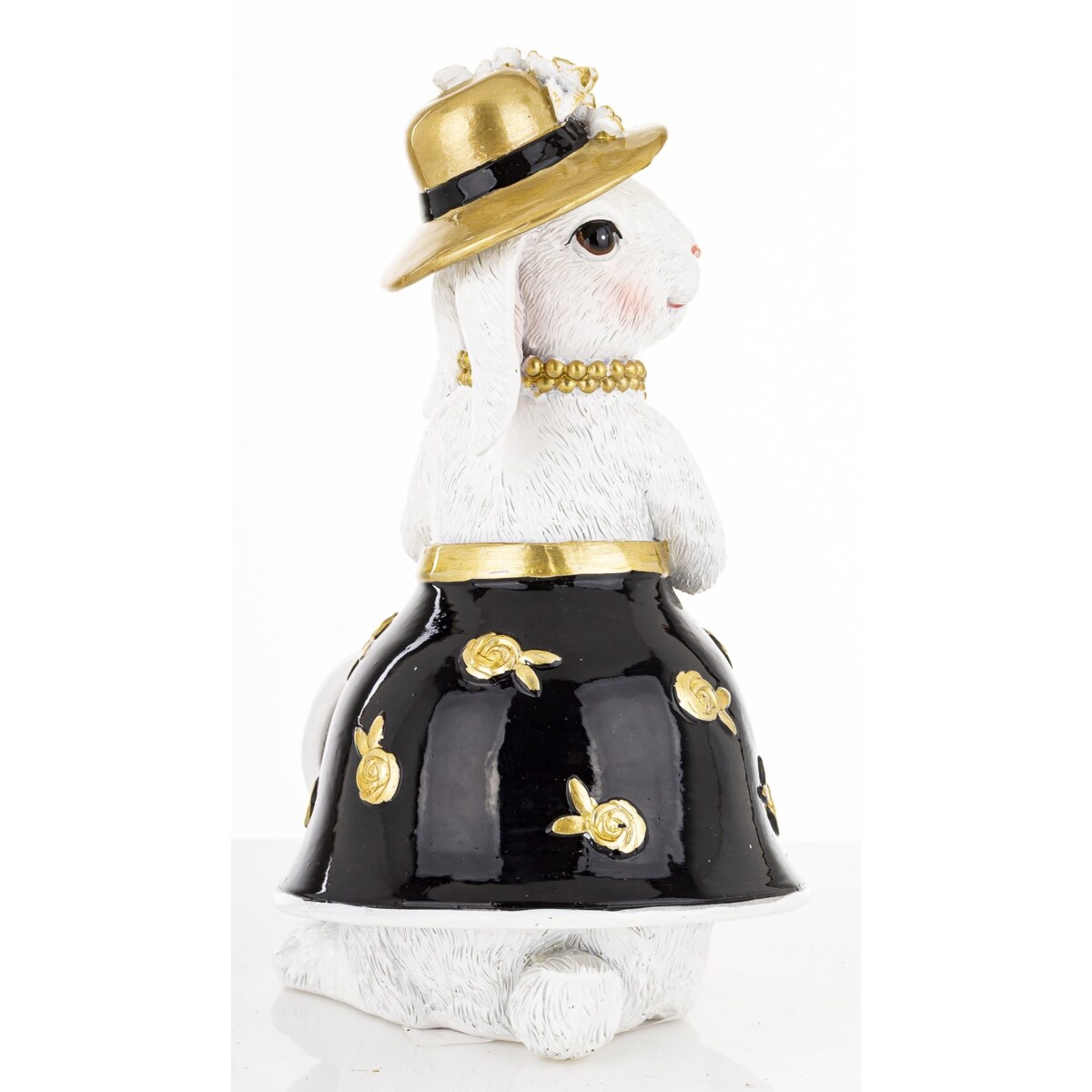 Dekoracja - biała króliczka w złotym kapeluszu 17x10x9 cm czarna spódniczka