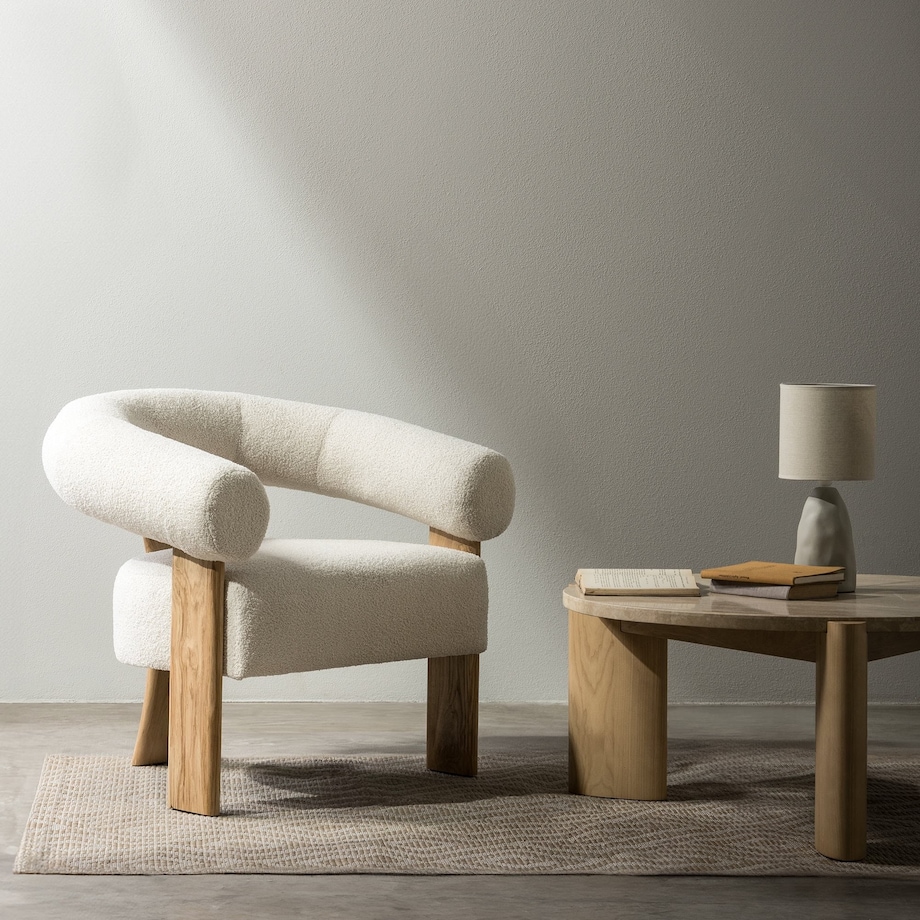 Fotel wypoczynkowy jasnobeżowy bouclé/dąb Ilady