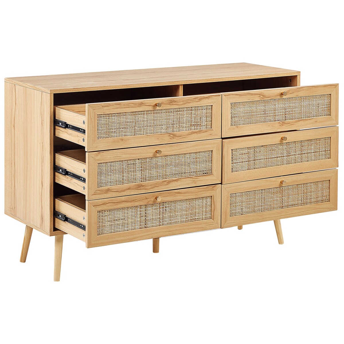 Komoda 6 szuflad fronty rattanowe jasne drewno PEROTE