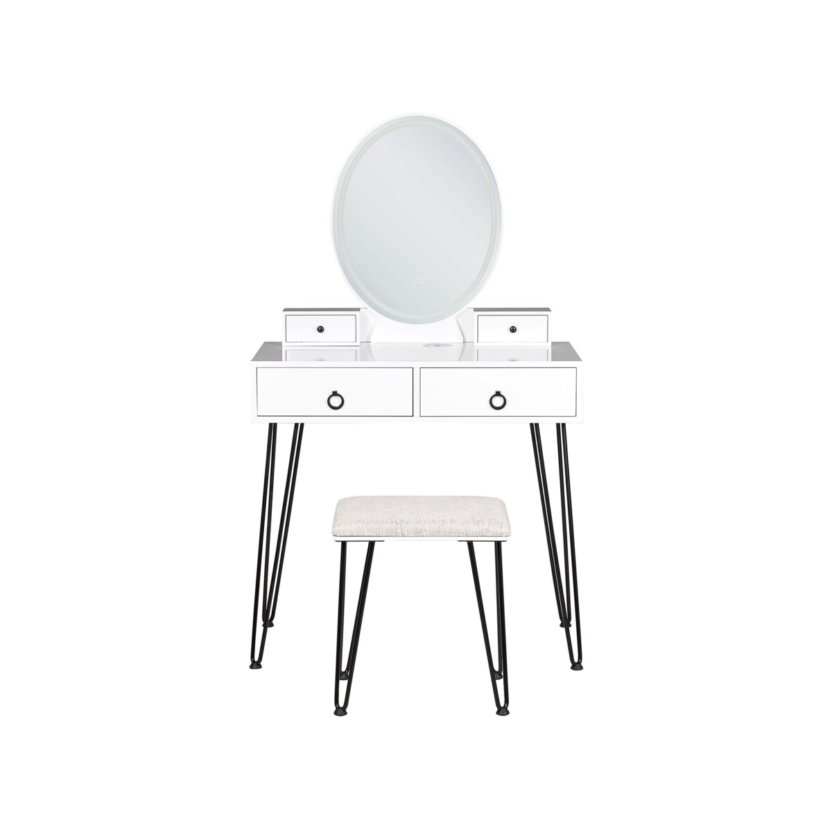 Toaletka 4 szuflady lustro LED ze stołkiem biało-czarna SOYE