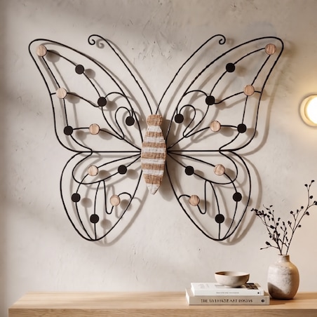 Dekoracja ścienna Butterfly, kolor brązowy i czarny, żelazo i płyta MDF, 39,5 x 33,5 cm, motyw: motyle, do salonu i przedpokoju, Mauro Ferretti