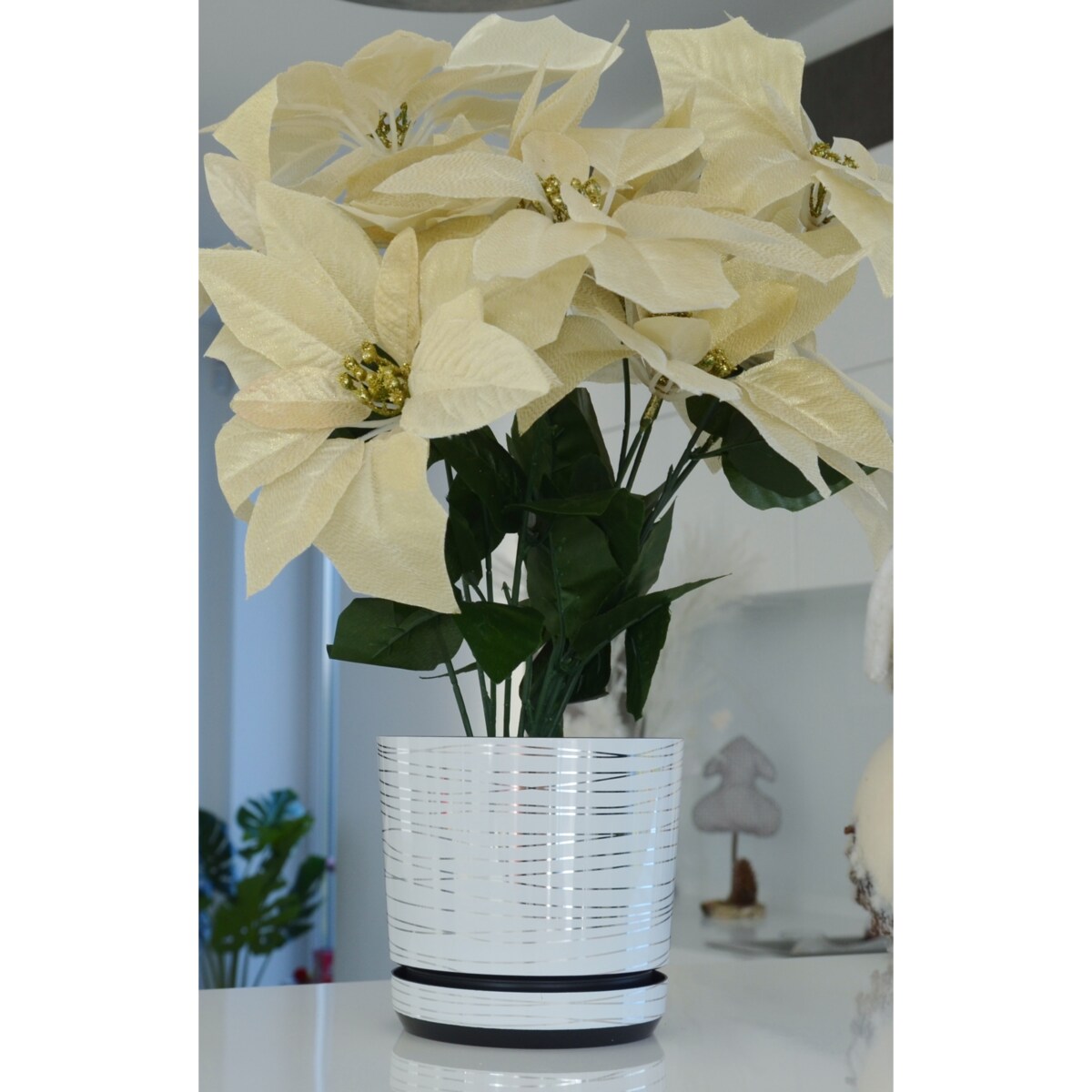 26 cm wzór BIAŁA ZE SREBRNĄ NITKĄ Doniczka z podstawką glamour lustrzane srebrne paski połysk