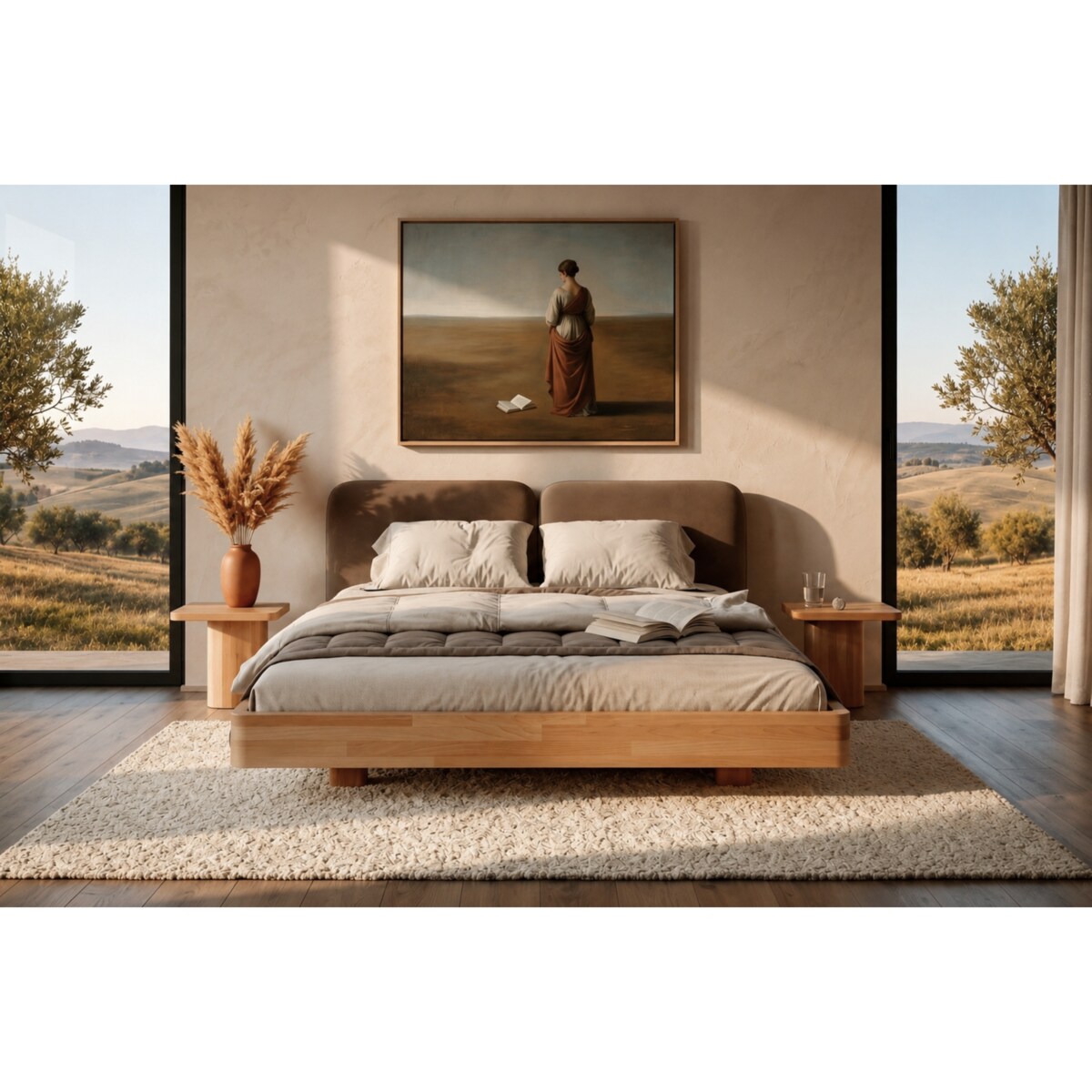 Łóżko lewitujące drewniane bukowe Eyko MAUI / 140x200 cm / kolor naturalny / zagłówek brązowy